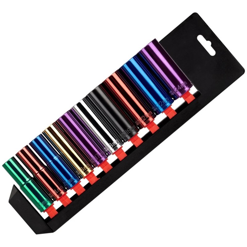 Juego de 10 llaves de vaso largas de colores 1/2" | 13 - 24 mm.